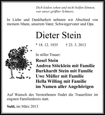 Traueranzeige von Dieter Stein von Südthüringer Presse