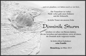 Traueranzeige von Dominik Sturm von Südthüringer Presse