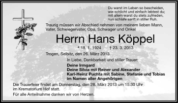 Traueranzeige von Hans Köppel von Frankenpost
