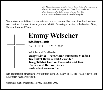 Traueranzeige von Emmy Welscher von Südthüringer Presse