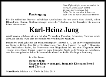 Traueranzeige von Karl-Heinz Jung von Südthüringer Presse