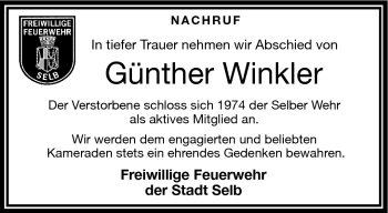 Traueranzeige von Günther Winkler von Frankenpost