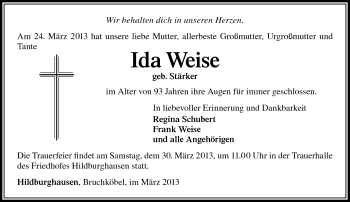 Traueranzeige von Ida Weise von Südthüringer Presse