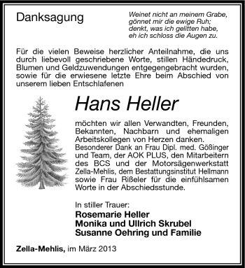 Traueranzeige von Hans Heller von Südthüringer Presse