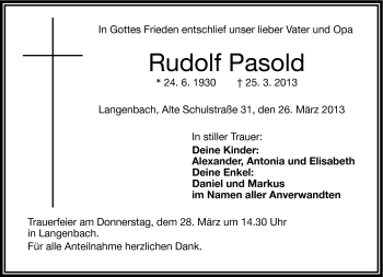 Traueranzeige von Rudolf Pasold von Frankenpost