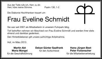 Traueranzeige von Eveline Schmidt von Frankenpost