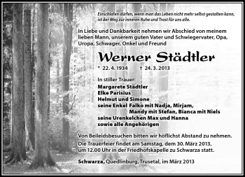 Traueranzeige von Werner Städtler von Südthüringer Presse