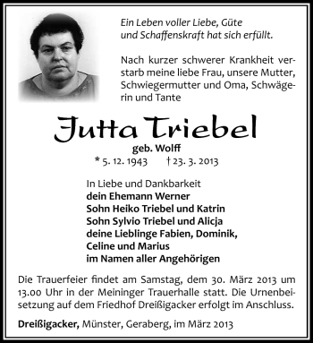 Traueranzeige von Jutta Triebel von Südthüringer Presse