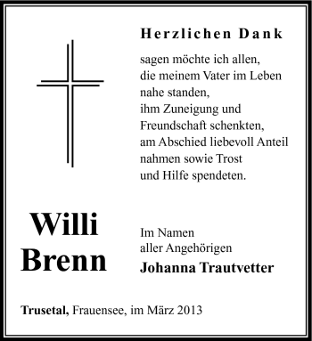 Traueranzeige von Willi Brenn von Südthüringer Presse