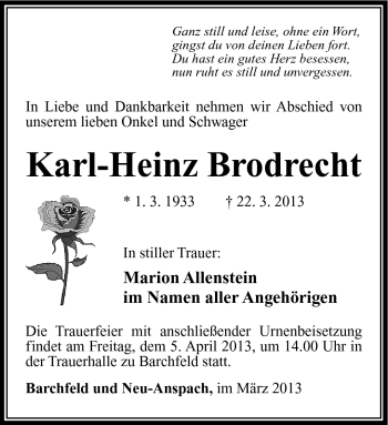 Traueranzeige von Karl-Heinz Brodrecht von Südthüringer Presse