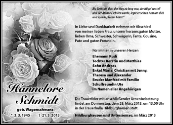 Traueranzeige von Hannelore Schmidt von Südthüringer Presse