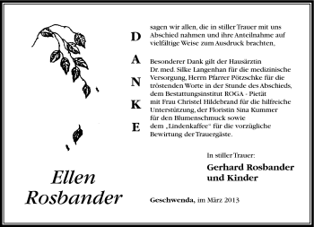Traueranzeige von Ellen Rosbander von Südthüringer Presse