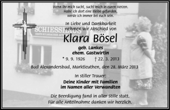 Traueranzeige von Klara Bösel von Frankenpost