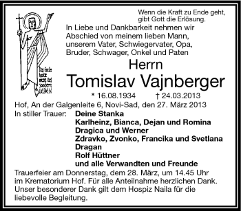 Traueranzeige von Tomislav Vajnberger von Frankenpost