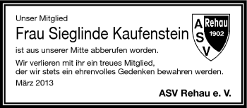 Traueranzeige von Sieglinde Kaufenstein von Frankenpost