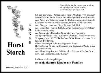 Traueranzeige von Horst Storch von Südthüringer Presse