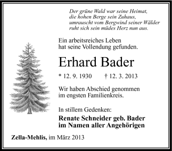 Traueranzeige von Erhard Bader von Südthüringer Presse