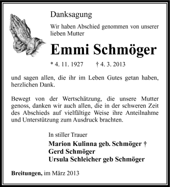 Traueranzeige von Emmi Schmöger von Südthüringer Presse