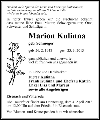Traueranzeige von Marion Kulinna von Südthüringer Presse