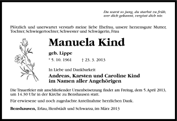 Traueranzeige von Manuela Kind von Südthüringer Presse