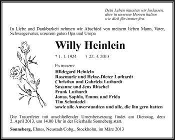 Traueranzeige von Willy Heinlein von Südthüringer Presse