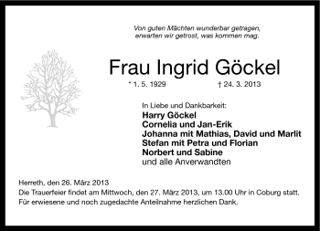 Traueranzeige von Ingrid Göckel von Neue Presse Coburg