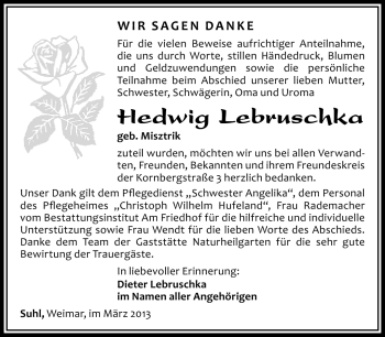 Traueranzeige von Hedwig Lebruschka von Südthüringer Presse