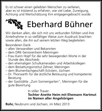Traueranzeige von Eberhard Bühner von Südthüringer Presse