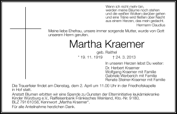 Traueranzeige von Martha Kraemer von Frankenpost