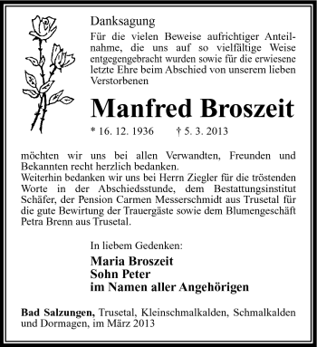 Traueranzeige von Manfred Broszeit von Südthüringer Presse