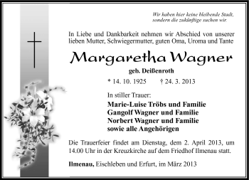 Traueranzeige von Margaretha Wagner von Südthüringer Presse