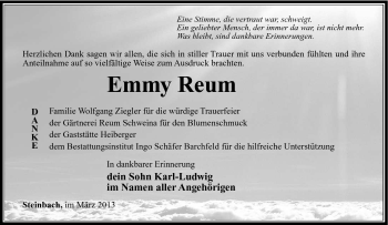Traueranzeige von Emmy Reum von Südthüringer Presse