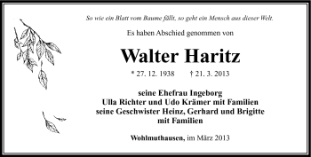 Traueranzeige von Walter Haritz von Südthüringer Presse