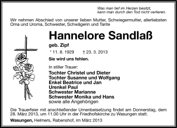 Traueranzeige von Hannelore Sandlaß von Südthüringer Presse