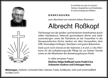 Traueranzeige von Albrecht Roßkopf von Südthüringer Presse