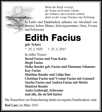 Traueranzeige von Edith Facius von Südthüringer Presse