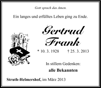 Traueranzeige von Gertrud Frank von Südthüringer Presse