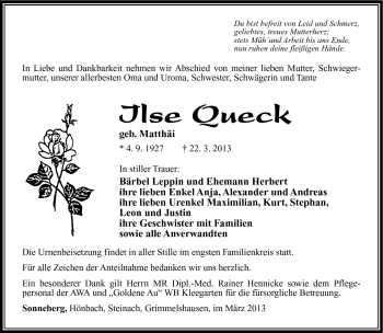 Traueranzeige von Ilse Queck von Südthüringer Presse