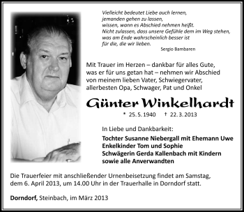 Traueranzeige von Günter Winkelhardt von Südthüringer Presse
