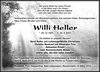 Traueranzeige von Willi Heller von Südthüringer Presse