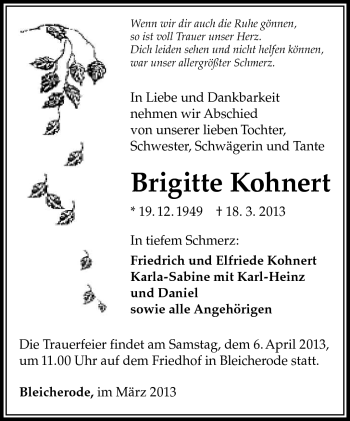 Traueranzeige von Brigitte Kohnert von Südthüringer Presse