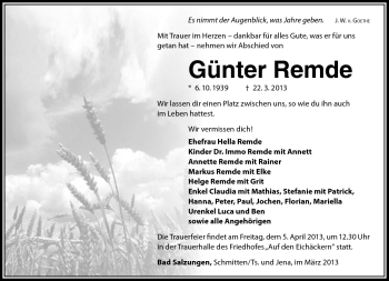 Traueranzeige von Günter Remde von Südthüringer Presse