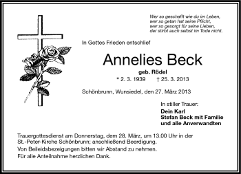 Traueranzeige von Annelies Beck von Frankenpost