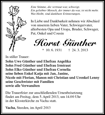 Traueranzeige von Horst Günther von Südthüringer Presse