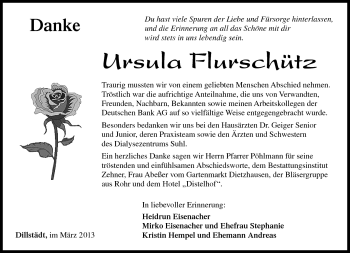 Traueranzeige von Ursula Flurschütz von Südthüringer Presse