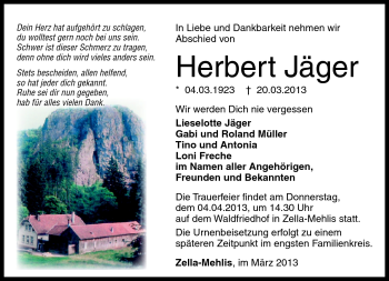 Traueranzeige von Herbert Jäger von Südthüringer Presse
