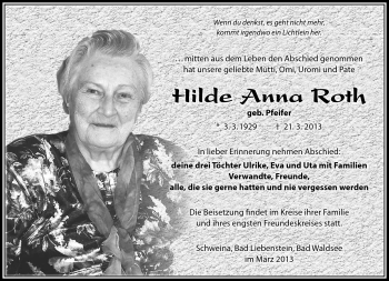 Traueranzeige von Hilde Anna Roth von Südthüringer Presse