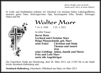 Traueranzeige von Walter Marr von Südthüringer Presse