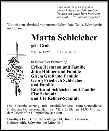 Traueranzeige von Martha Schleicher von Südthüringer Presse