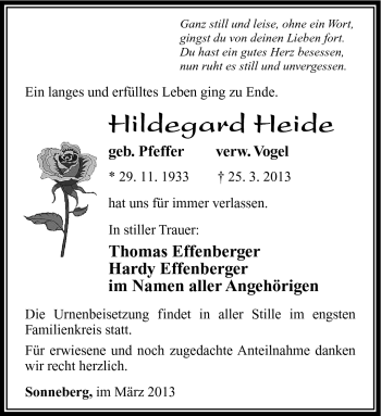 Traueranzeige von Hildegard Heide von Südthüringer Presse